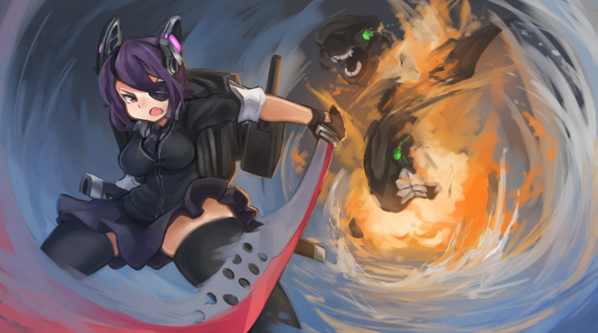 1girl arceonn black_gloves black_legwear breasts character_request explosion eyepatch gloves glowing glowing_eyes green_eyes kantai_collection mecha_musume monster motion_blur necktie personification purple_hair scabbard sheath short_hair skirt sleeves_rolled_up solo_focus sword tenryuu_(kantai_collection) thighhighs water weapon yellow_eyes