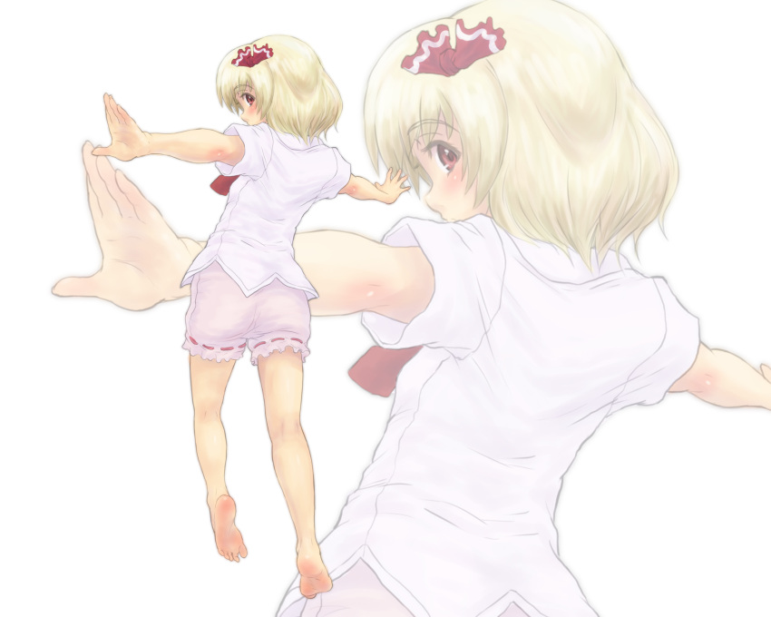 1girl barefoot blonde_hair bloomers blush feet hair_ribbon highres kuro_suto_sukii looking_at_viewer looking_back outstretched_arms red_eyes ribbon rumia short_hair solo touhou underwear zoom_layer