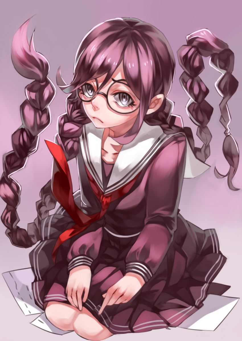 1girl dangan_ronpa frown fukawa_touko glasses highres liulu long_hair pink_eyes pink_hair school_uniform sitting skirt