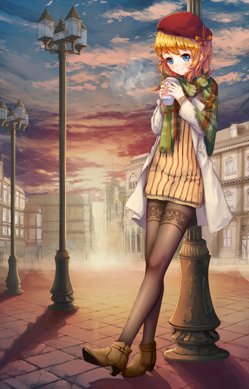 1girl beret blonde_hair blue_eyes boots breath building clouds coat cobblestone coffee cup fangxiang_cuoluan hat highres lamppost leaning original pantyhose scarf short_hair sky solo sweater