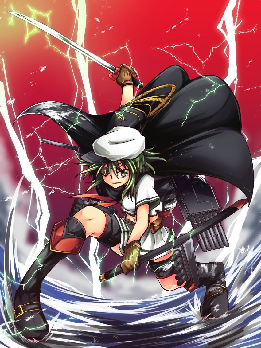 1girl absurdres black_hair eyepatch green_eyes green_hair hat highres kantai_collection kiso_(kantai_collection) lightning miracle_hinacle multiple_girls open_mouth personification school_uniform serafuku short_hair solo sword weapon