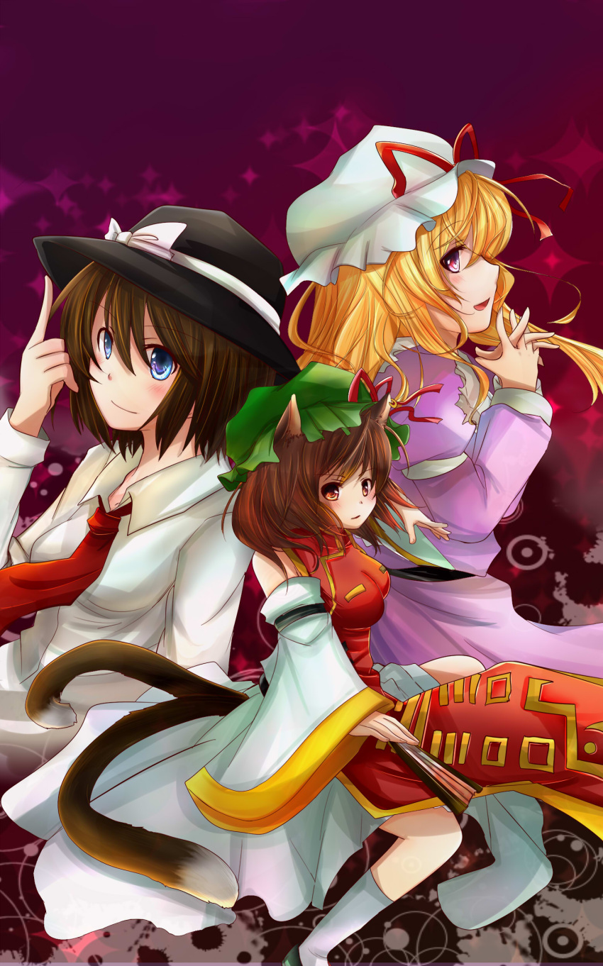 3girls absurdres adult animal_ears arm_up asyuaffw blonde_hair blue_eyes breasts brown_hair cat_ears cat_tail chen closed_fan detached_sleeves dress dress_shirt fan folding_fan gradient gradient_background hands_together hat hat_ribbon highres index_finger_raised interlocked_fingers jewelry juliet_sleeves kneehighs light_smile long_hair long_sleeves looking_at_viewer maribel_hearn mob_cap multiple_girls multiple_tails necktie parted_lips profile puffy_sleeves raised_hand red_eyes ribbon shirt short_hair single_earring tabard tail touhou trigram usami_renko violet_eyes