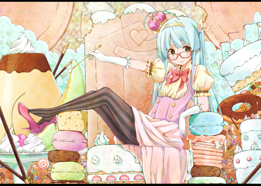 1girl aqua_hair black_eyes blush bow cake candle candy crown doughnut food fruit glasses gloves hairband high_heels icing lollipop macaron original pantyhose pastry payot pocky pudding puffy_sleeves sekiyu. shoe_dangle skirt smile solo spoon strawberry striped striped_legwear twintails vertical-striped_legwear vertical_stripes