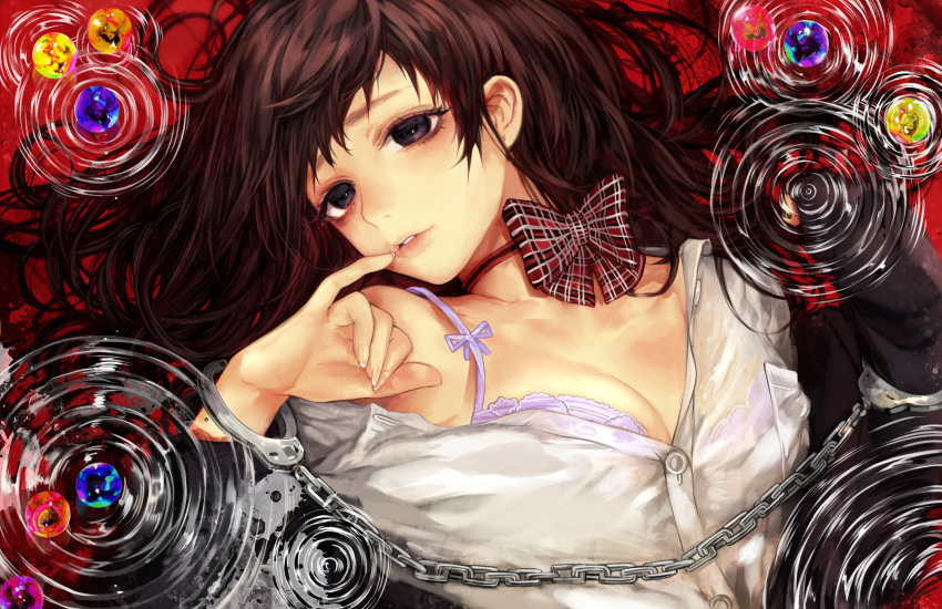 1girl bow bra breasts brown_hair cleavage cuffs finger_to_mouth handcuffs highres long_hair looking_at_viewer open_clothes open_shirt original ripples solo tcb underwear violet_eyes