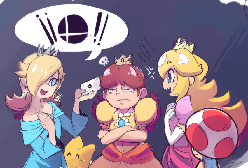 3girls annoyed blonde_hair blue_eyes blush_stickers brown_hair crossed_arms crown earrings elbow_gloves gloves hair_over_one_eye jewelry letter long_hair luma multiple_girls princess_daisy princess_peach puffy_short_sleeves puffy_sleeves rosalina_(mario) sho-n-d short_sleeves star star_earrings super_mario_bros. super_smash_bros. toad