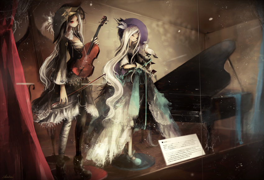 2girls asahiro_(algl) bird black_dress blurry bow_(instrument) closed_eyes depth_of_field double_bass dress english glass grand_piano hat holding instrument long_hair multiple_girls original piano red_eyes violin white_dress