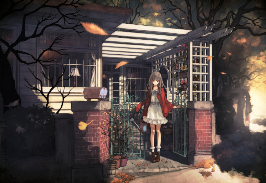 1girl black_eyes black_hair flower flower_pot gate highres house jacket_on_shoulders lamp leaf mailbox original sweater trellis wall watering_can yasukura_(shibu11)