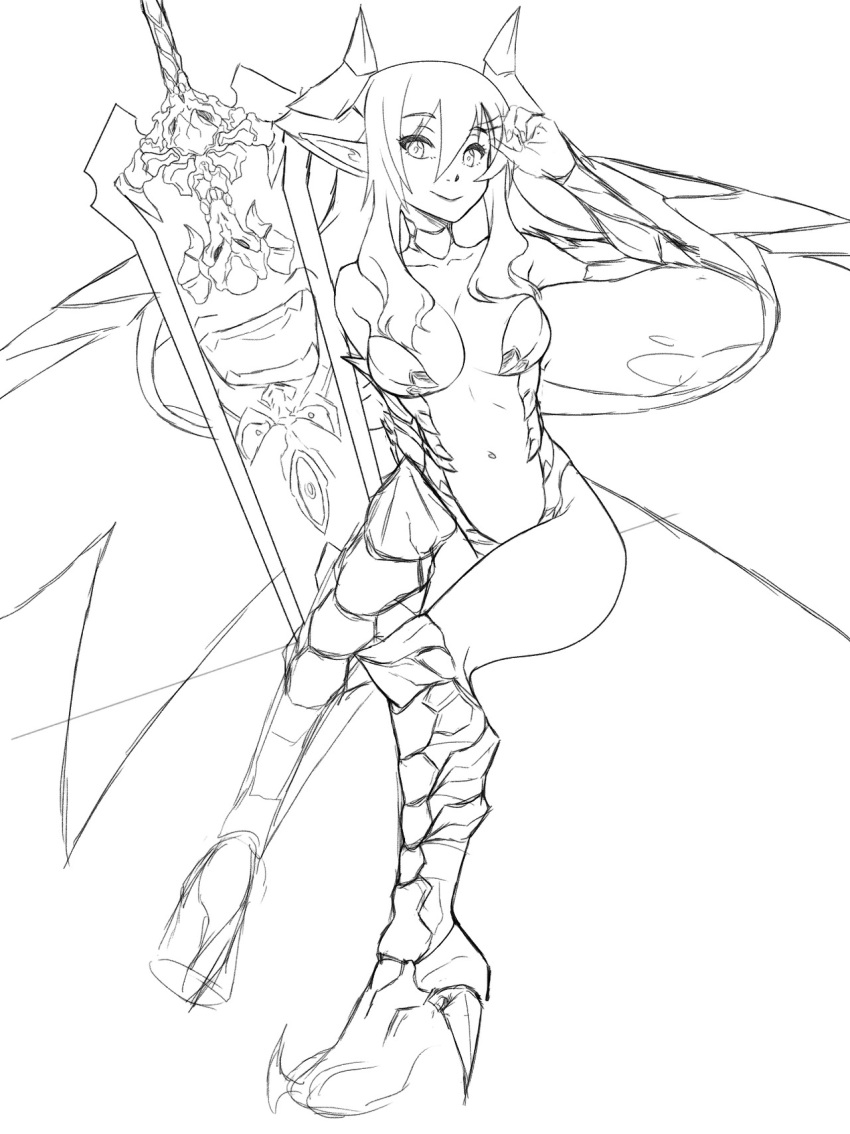 1girl boots breasts center_opening choker cleavage demon_girl demon_horns detached_sleeves fearless_night hell_princess high_heel_boots highres horns knee_boots monochrome navel pigeon-toed pointy_ears sketch smile spikewible sword weapon wings