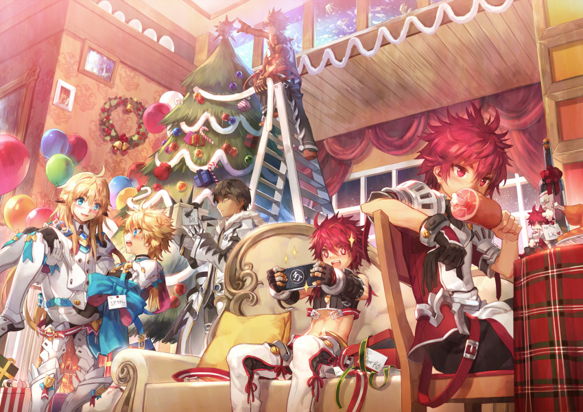 6+boys armor balloon bandages bell black_hair blonde_hair blue_eyes blush boned_meat candy_cane carrying character_doll christmas christmas_tree chung coat couch dual_persona eating elsword elsword_(character) fingerless_gloves food gift gloves happy highres ladder long_hair male meat messy_hair midriff multiple_boys pants pillow princess_carry raven_(elsword) red_eyes redhead scorpion5050 single_glove smile spikes surprised video_game wine_bottle wreath yellow_eyes