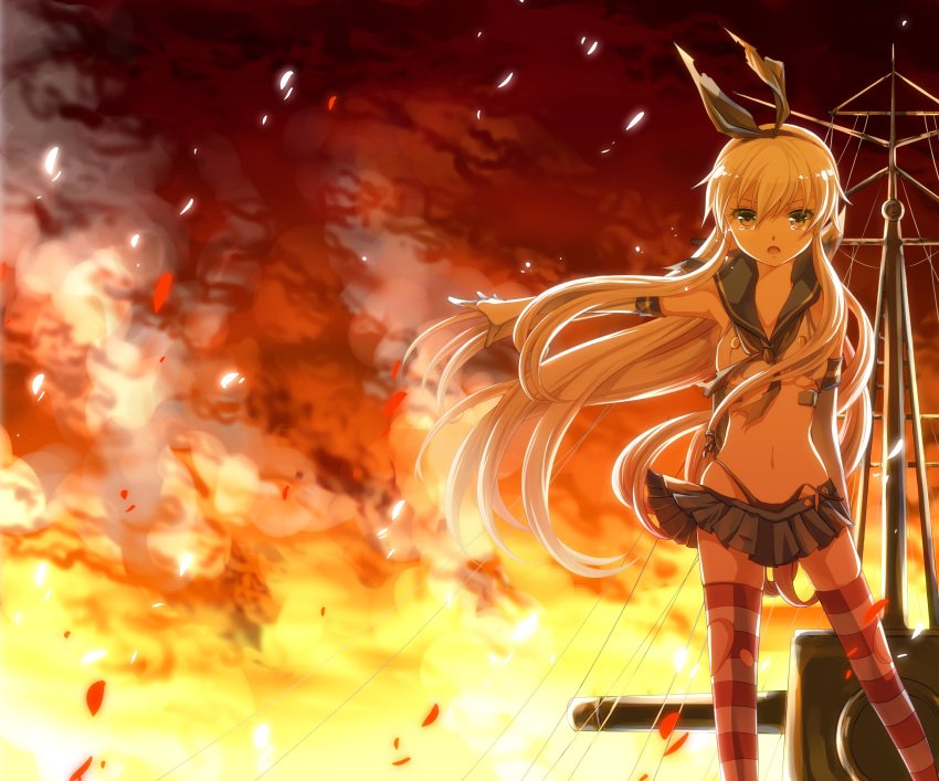 1girl absurdres anchor blonde_hair elbow_gloves fire gloves hair_ornament hair_ribbon highres iroha_(shiki) kantai_collection long_hair looking_at_viewer machinery midriff navel open_mouth panties personification ribbon shimakaze_(kantai_collection) smoke solo striped striped_legwear tears thigh-highs torn_clothes turret underwear yellow_eyes