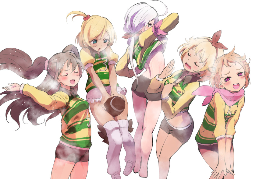 &gt;:d &gt;:o 5girls :d :o ahoge barefoot between_legs bike_shorts blonde_hair blush brown_hair closed_eyes fantasista_doll flying_sweatdrops football_(object) green_eyes highres hot long_hair loose_socks low_ponytail multiple_girls nyama one_side_up open_mouth shirt shirt_lift shoes short_hair silver_hair simple_background smile socks sports_bra sportswear striped striped_shirt sweat sweat_stain sweating two_side_up violet_eyes wet white_background