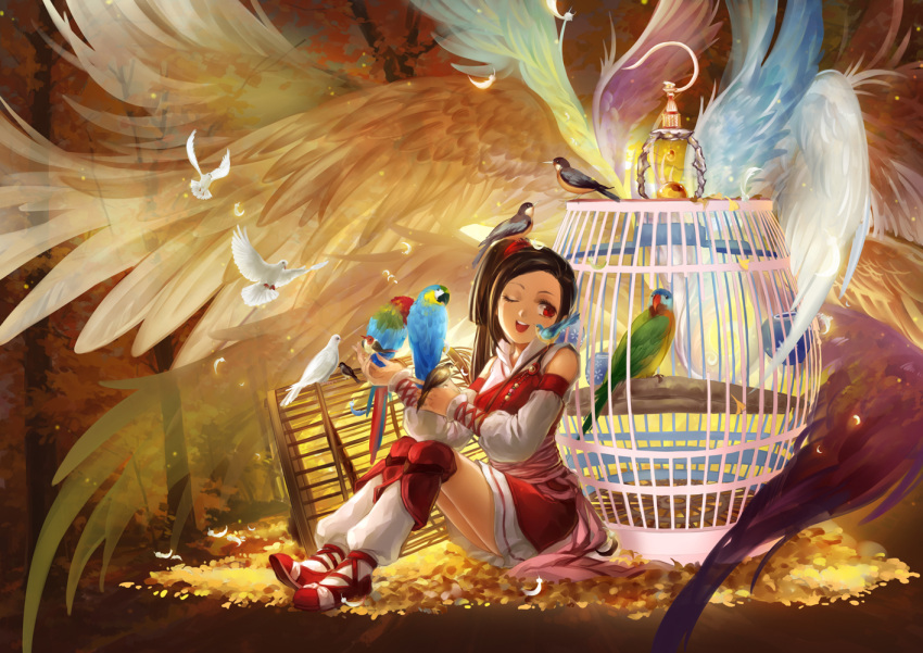 1girl bare_shoulders bird brown_hair cage detached_sleeves dress feathers huazha01 open_mouth original red_eyes sitting smile solo wings wink