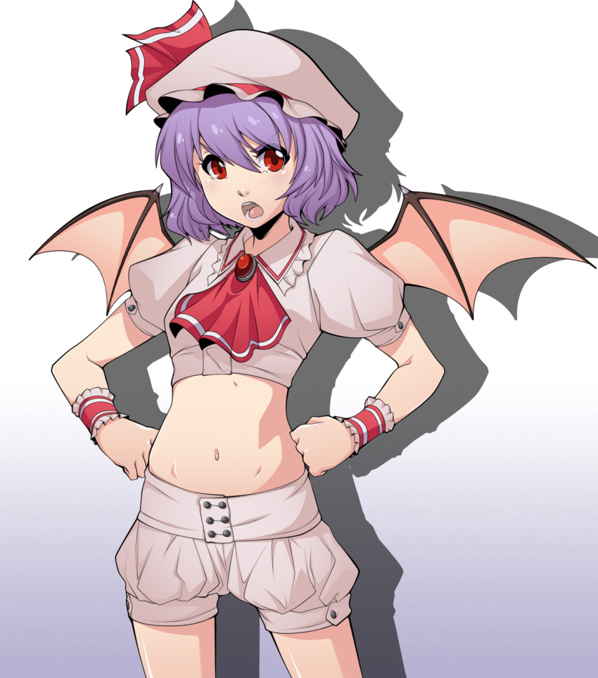 1girl bat_wings bloomers blush flat_chest hands_on_hips hat highres midriff navel open_mouth puffy_short_sleeves puffy_sleeves purple_hair red_eyes remilia_scarlet short_hair short_sleeves solo spikewible touhou underwear wings wrist_cuffs