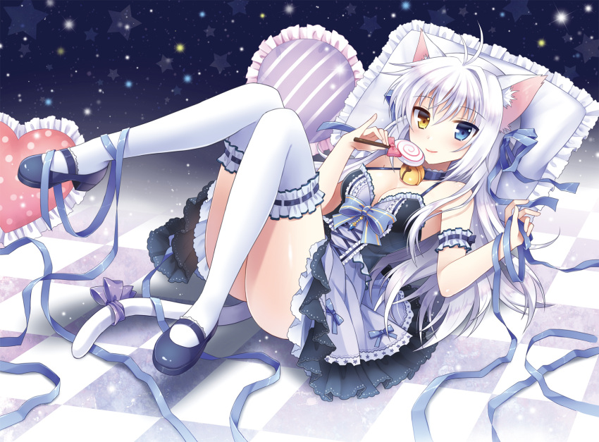 1girl animal_ears antenna_hair arm_garter bare_shoulders bell bell_choker blue_eyes blush breasts candy cat_ears cat_tail cleavage dress heterochromia highres jingle_bell lollipop long_hair looking_at_viewer mary_janes mauve original pillow ribbon shoes silver_hair smile solo tail tail_bow thighhighs yellow_eyes