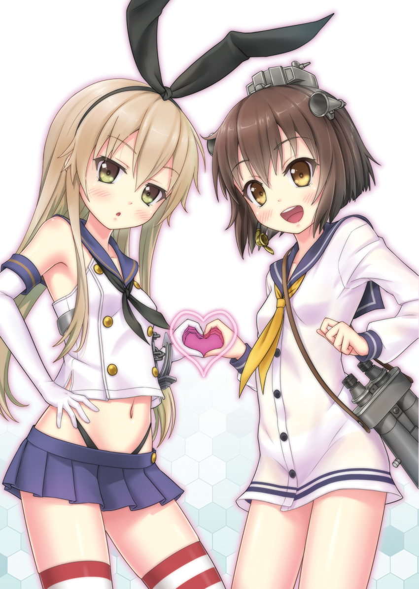2girls anchor binoculars blonde_hair brown_hair elbow_gloves gloves gotou_hisashi green_eyes hair_ornament hair_ribbon hand_on_hip headgear heart heart_hands heart_hands_duo highres kantai_collection looking_at_viewer multiple_girls navel open_mouth panties personification ribbon shimakaze_(kantai_collection) striped striped_legwear thighhighs underwear yellow_eyes yukikaze_(kantai_collection)