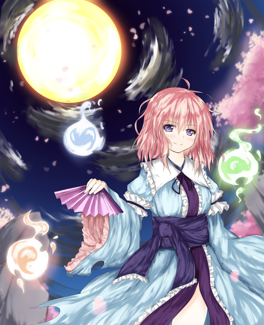 1girl breasts cherry_blossoms fan folding_fan full_moon highres hitodama japanese_clothes long_sleeves mikage000 moon no_hat obi pink_hair rock saigyouji_yuyuko short_hair smile touhou tree violet_eyes wide_sleeves