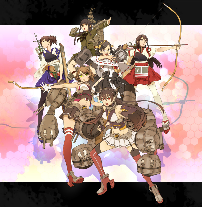 6+girls akagi_(kantai_collection) arrow bangs bare_shoulders black_hair blunt_bangs bow_(weapon) braid breasts brown_eyes brown_hair detached_sleeves elbow_gloves fingerless_gloves glasses gloves hairband headgear highres honeycomb_background japanese_clothes kaga_(kantai_collection) kantai_collection kirishima_(kantai_collection) kitakami_(kantai_collection) long_hair multiple_girls muneate mutsu_(kantai_collection) nagato_(kantai_collection) open_mouth personification red_eyes ribbon-trimmed_sleeves school_uniform serafuku short_hair side_ponytail thighhighs weapon xla009