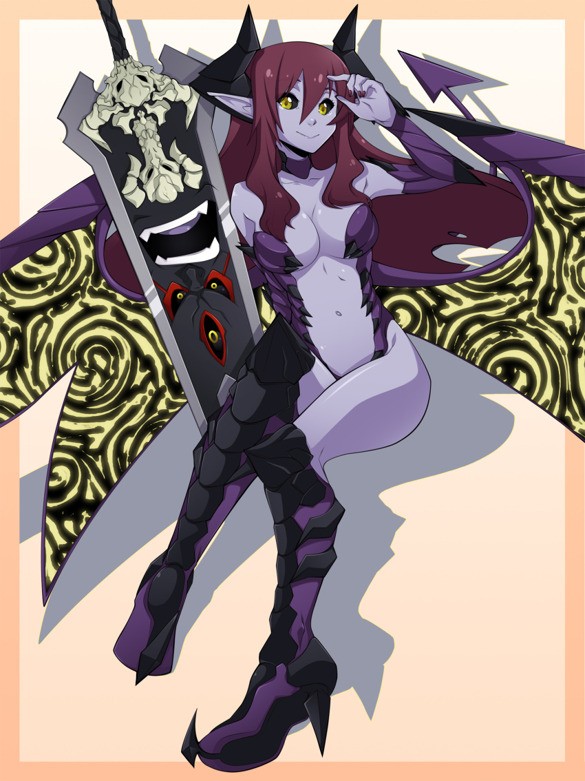 1girl black_sclera boots breasts center_opening choker cleavage colored demon_girl demon_horns demon_tail detached_sleeves fearless_night hell_princess high_heel_boots highres horns knee_boots navel pigeon-toed pointy_ears purple_skin redhead smile spikewible sword tail weapon wings yellow_eyes