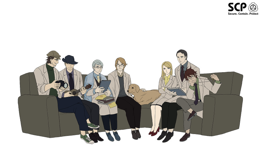 1girl 6+boys agatha_e_rights alto_clef artist_request assa black_hair blonde_hair brown_hair camera copyright_name couch crossed_legs dog gears_(scp) glasses hat high_heels highres iceberg_(scp) instrument jack_bright jewelry kain_pathos_crow kondraki labcoat logo long_hair looking_at_another multiple_boys necklace necktie parted_lips scp_foundation simple_background sitting smile tagme ukulele vest white_background white_hair