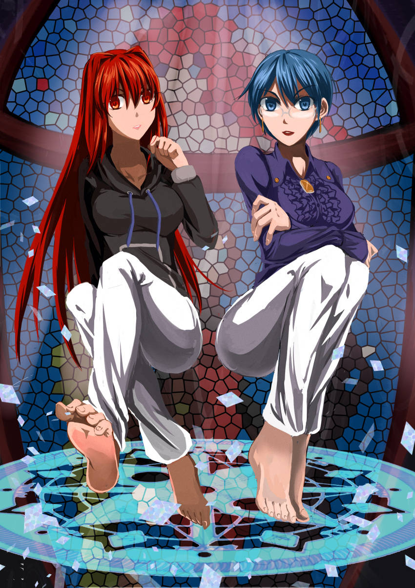 2girls absurdres aozaki_aoko blue_eyes blue_hair breasts character_request crossed_arms dress earrings fate/extra fate_(series) feet glasses highres hoodie jewelry large_breasts lipstick mahou_tsukai_no_yoru makeup meiki multiple_girls pov_feet red_dress red_eyes rimless_glasses soles stained_glass toes
