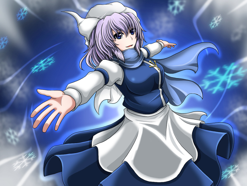 1girl apron armband blue_background blue_eyes breasts hat juliet_sleeves lavender_hair letty_whiterock light_trail long_sleeves looking_at_viewer outstretched_arms parted_lips pin puffy_sleeves scarf short_hair skirt skirt_set snowflakes solo spread_arms suikyou_(aqua_cities) touhou waist_apron