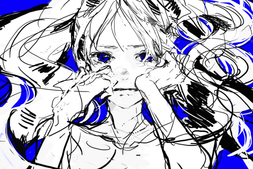 1girl alternate_eye_color blue_background blue_eyes crying facing_viewer hands_on_own_cheeks hands_on_own_face hatsune_miku long_hair looking_at_viewer messy_hair mitsui monochrome simple_background sketch spot_color tears topless twintails upper_body vocaloid