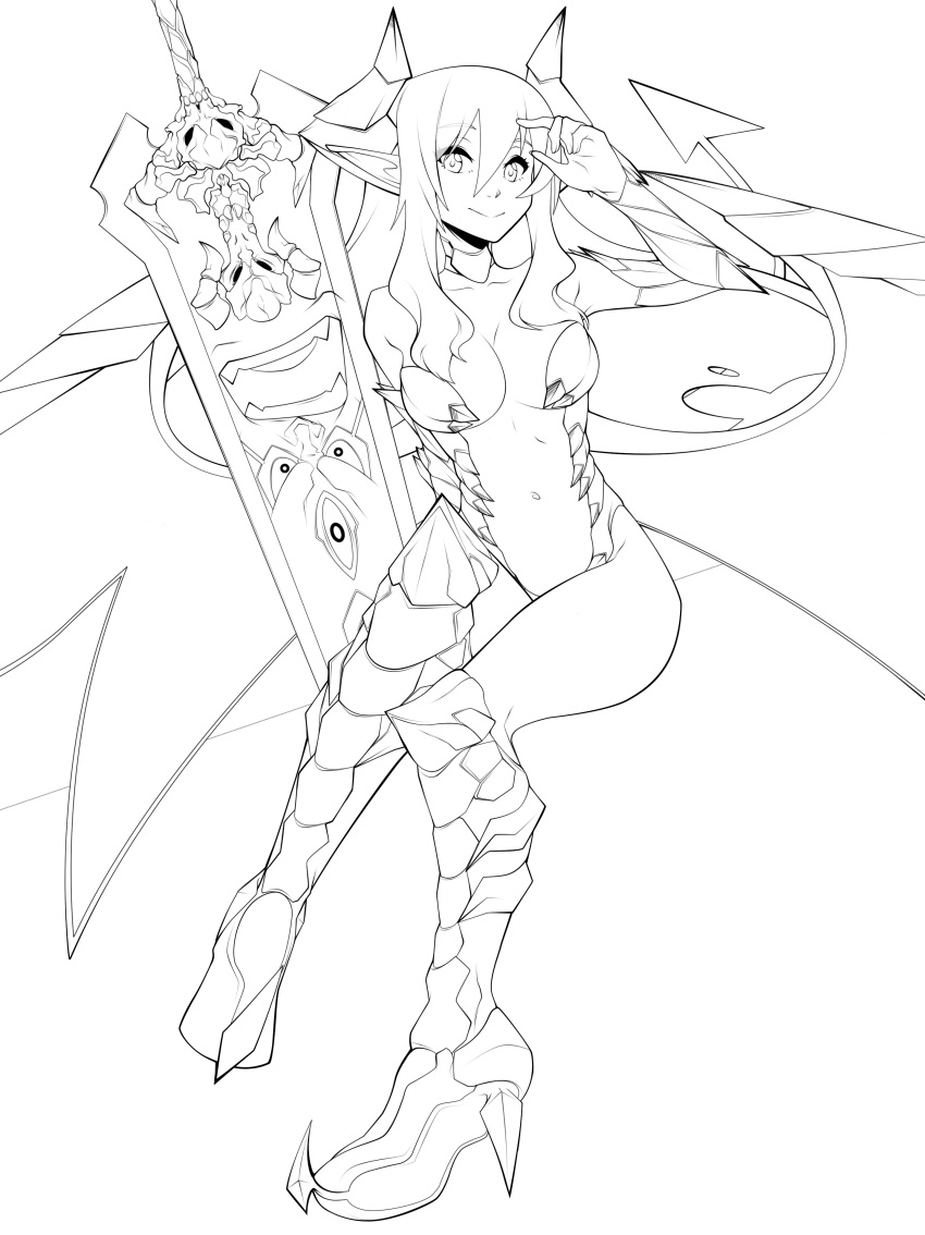 1girl absurdres boots breasts center_opening choker cleavage demon_girl demon_horns detached_sleeves fearless_night hell_princess high_heel_boots highres horns knee_boots lineart monochrome navel pigeon-toed pointy_ears revision smile spikewible sword weapon wings