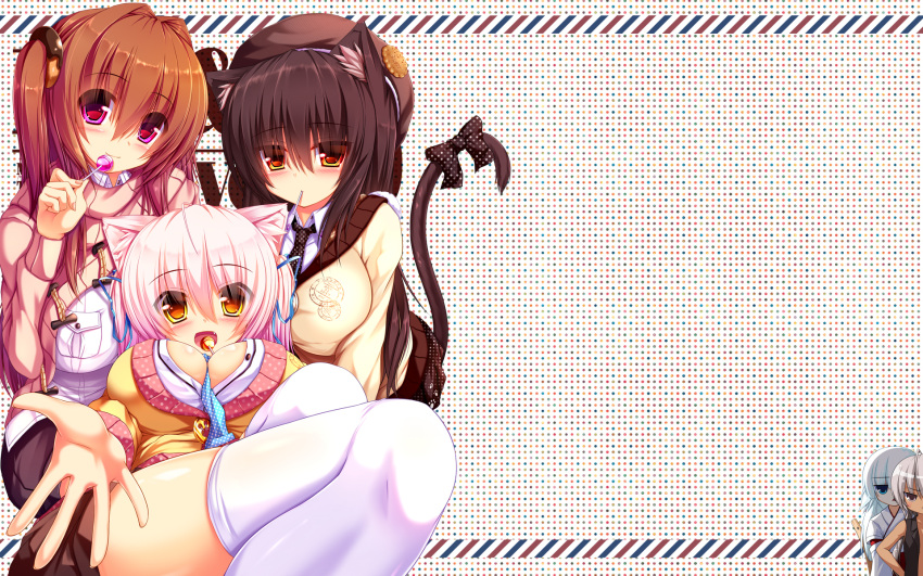 5girls animal_ears breasts brown_hair cat_ears cat_tail highres large_breasts long_hair multiple_girls original pink_hair syroh tail wallpaper widescreen