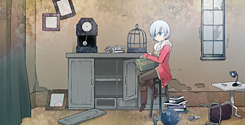 1girl blue_eyes boots chest clock inuinui jacket original silver_hair sitting skirt solo table window