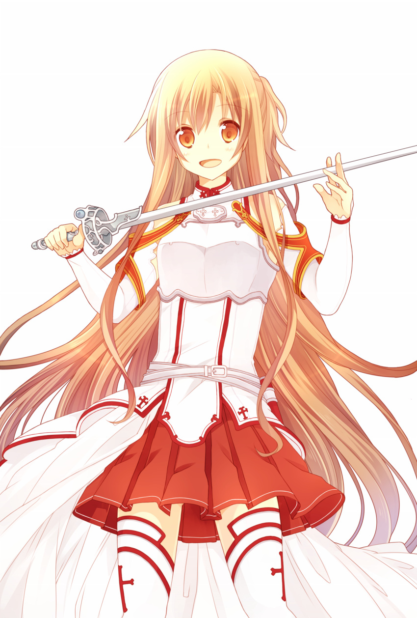 1girl asuna_(sao) blush breastplate brown_hair detached_sleeves hanahubuki1991 highres long_hair looking_at_viewer open_mouth orange_eyes simple_background skirt solo sword sword_art_online thighhighs weapon white_background yuuki_asuna