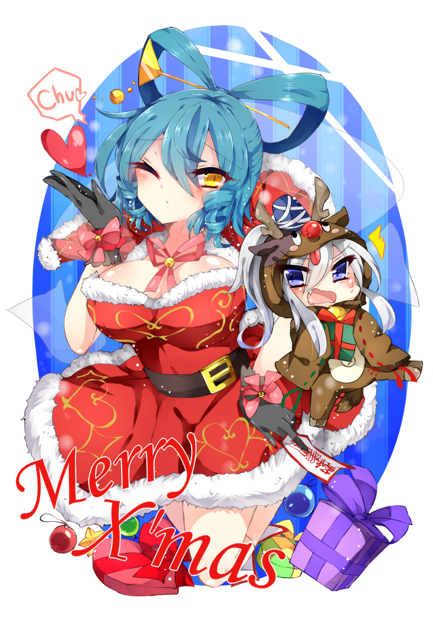 2girls animal_costume blue_eyes blue_hair blush christmas fang gift grey_hair hair_ornament hair_stick hat heart highres kaenuco kaku_seiga long_hair mononobe_no_futo multiple_girls open_mouth reindeer_antlers reindeer_costume reindeer_ears ribbon santa_costume short_hair sweat touhou wink yellow_eyes