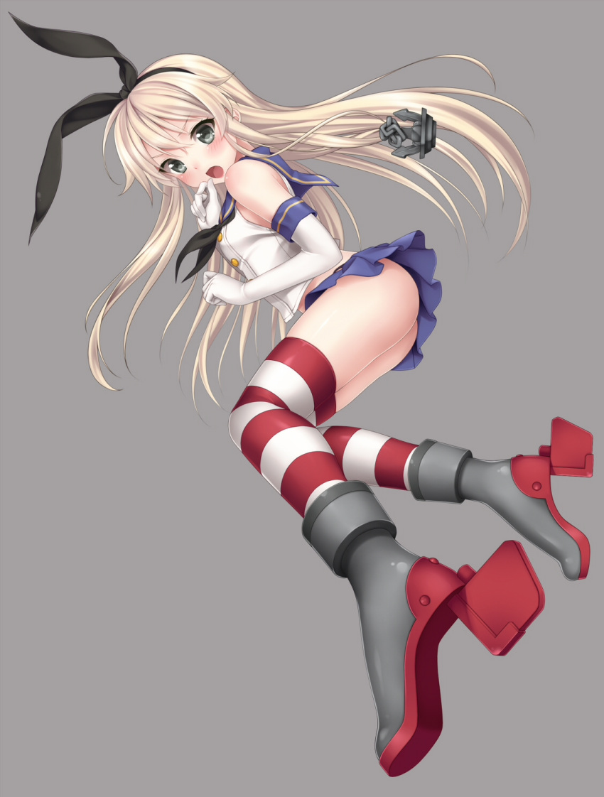 1girl anchor black_eyes blonde_hair blush boots elbow_gloves gloves grey_background hairband highres kantai_collection long_hair nanamiya open_mouth personification shimakaze_(kantai_collection) simple_background skirt solo striped striped_legwear thighhighs white_gloves