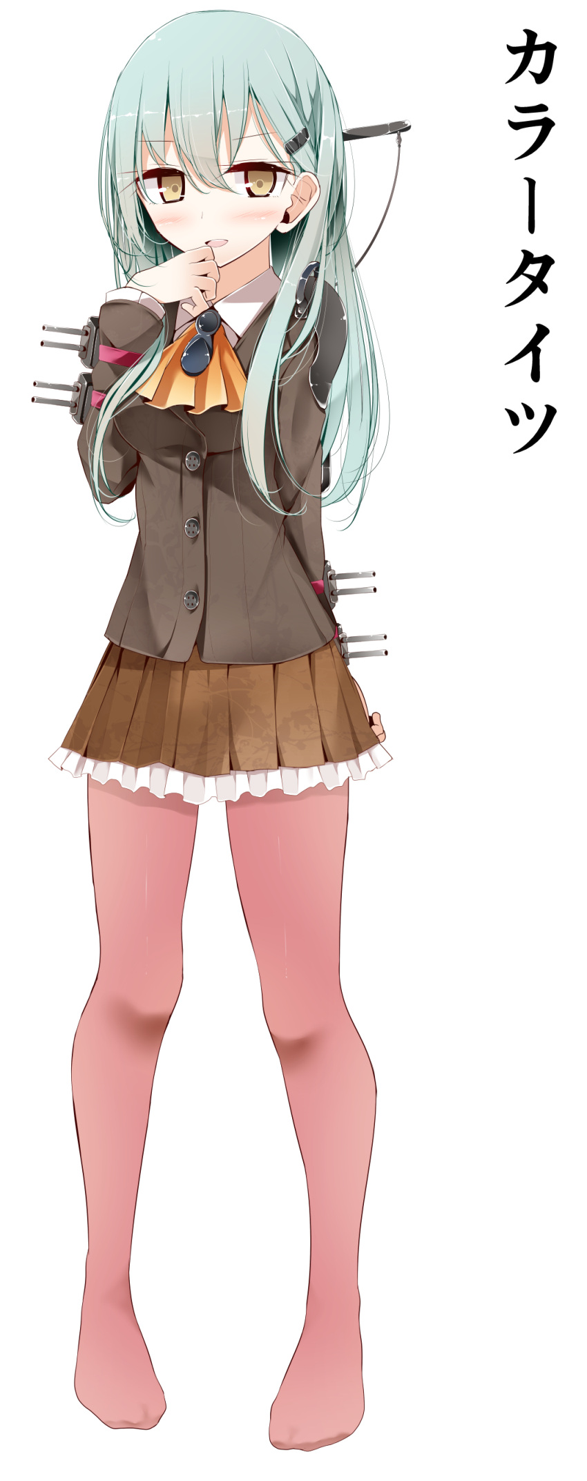 1girl absurdres aqua_hair arm_behind_back blush breasts brown_eyes hair_ornament hairclip hand_on_mouth highres kantai_collection long_hair looking_at_viewer neckerchief oouso_(usotsukiya) pantyhose personification pleated_skirt school_uniform skirt solo suzuya_(kantai_collection)