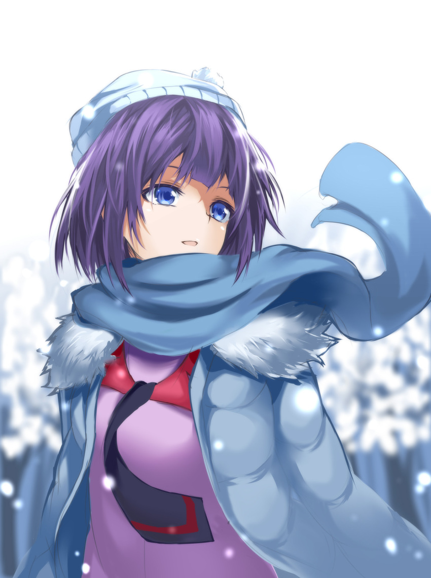 1girl blue_eyes heirou highres jacket monogatari_(series) purple_hair scarf school_uniform senjougahara_hitagi short_hair solo