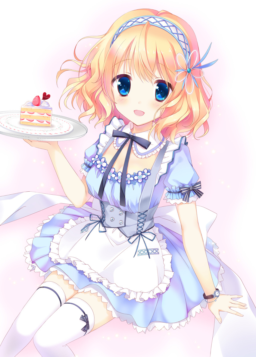 1girl :d blonde_hair blue_eyes breasts cleavage detached_collar dress food fruit hairband highres kimishima_ao lolita_hairband open_mouth plate short_hair smile strawberry strawberry_shortcake thighhighs watch white_legwear