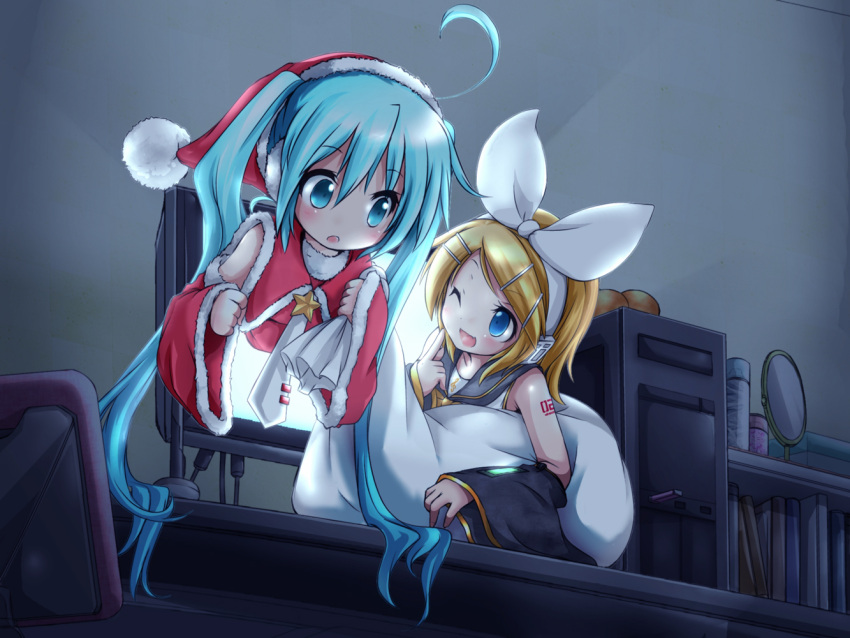 2girls ahoge akino_coto aqua_eyes aqua_hair blonde_hair blue_eyes christmas computer earmuffs hat hatsune_miku kagamine_rin long_hair multiple_girls sack santa_costume santa_hat short_hair twintails vocaloid wink