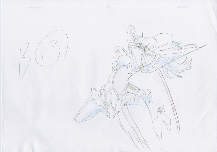 1girl angry armor armored_dress attack boots commentary dress hair_flapping highres junketsu katana key_frame kill_la_kill kiryuuin_satsuki long_hair looking_at_viewer official_art partially_colored production_art production_note promotional_art sailor_dress school_uniform serious simple_background sketch skirt sword thigh_boots thighhighs trigger_(company) uniform weapon white_background