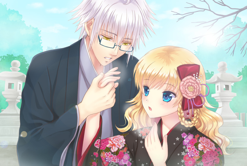 1boy 1girl alha alternate_costume alternate_eye_color alternate_hairstyle blue_eyes blue_sky breath clouds floral_print flower glasses hair_flower hair_ornament hand_on_own_chest holding_hands japanese_clothes kimono kirisame_marisa long_hair looking_at_another looking_away morichika_rinnosuke outdoors parted_lips semi-rimless_glasses short_hair sky stone_lantern sun touhou tree_branch under-rim_glasses white_hair yellow_eyes