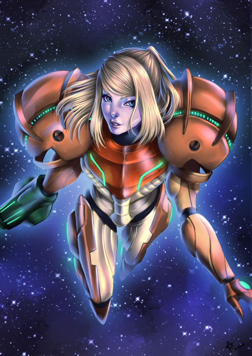 1girl absurdres alan_campos arm_cannon blonde_hair blue_eyes highres lips long_hair metroid neon_trim no_headwear no_helmet nose ponytail power_suit realistic samus_aran solo star starry_background varia_suit weapon