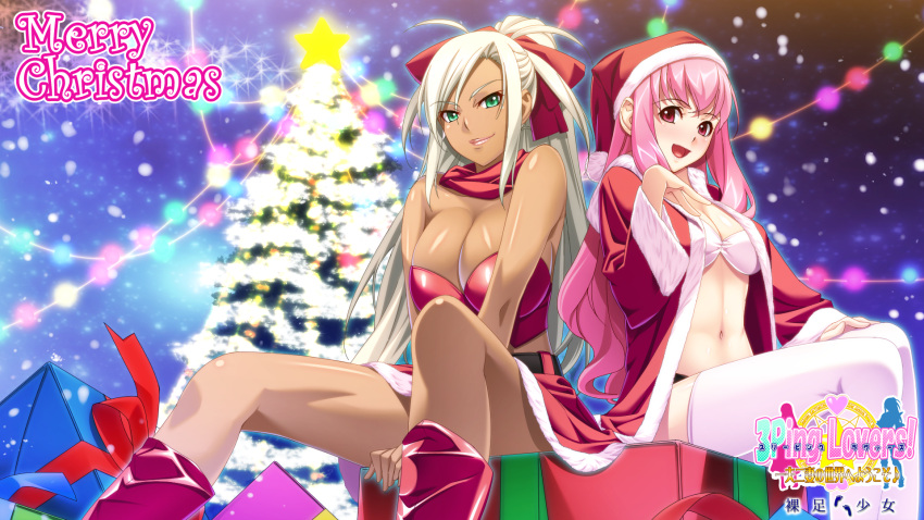 2girls 3ping_lovers!_ippu_nisai_no_sekai_e_youkoso :d bare_shoulders belt boots bow box breasts christmas christmas_tree cleavage dark_skin fur_trim gift gift_box green_eyes hair_bow hat highres huge_breasts ino lips long_hair merry_christmas multiple_girls navel night open_mouth pink_hair red_eyes santa_costume santa_hat silver_hair sitting smile snowing star star_(sky) thighhighs