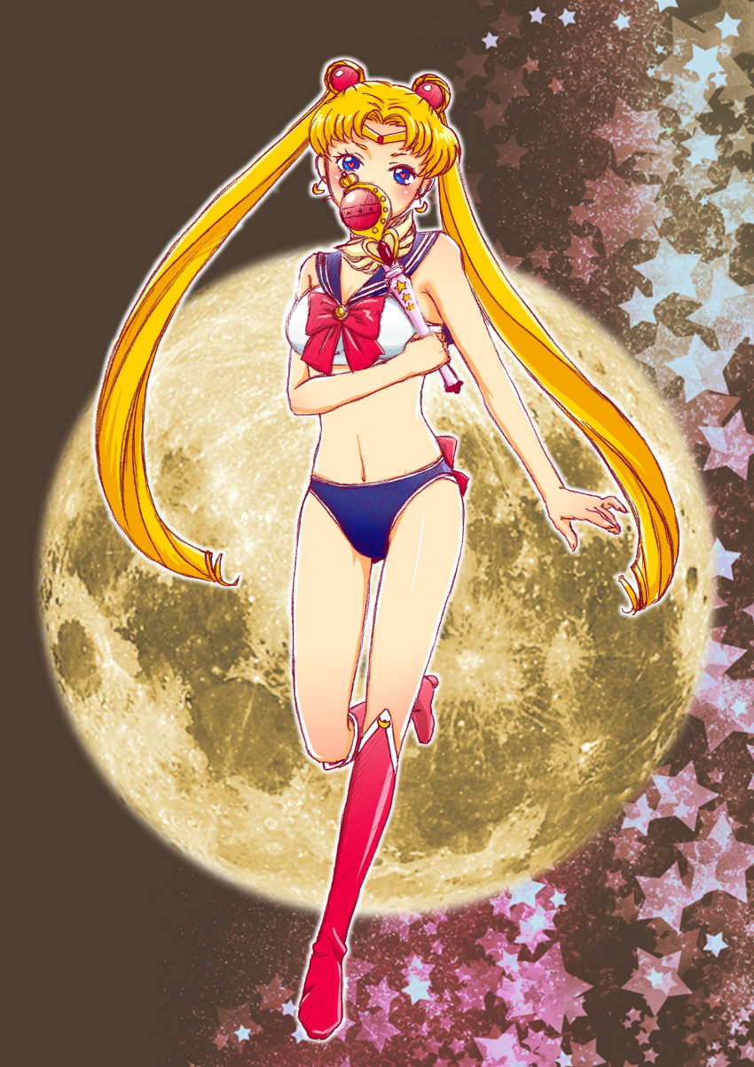 1girl absurdres bishoujo_senshi_sailor_moon blonde_hair blue_panties boots full_body heart heart-shaped_pupils highres knee_boots long_hair panties red_boots sailor_moon standing_on_one_leg symbol-shaped_pupils tsukino_usagi twintails underwear ymks8054
