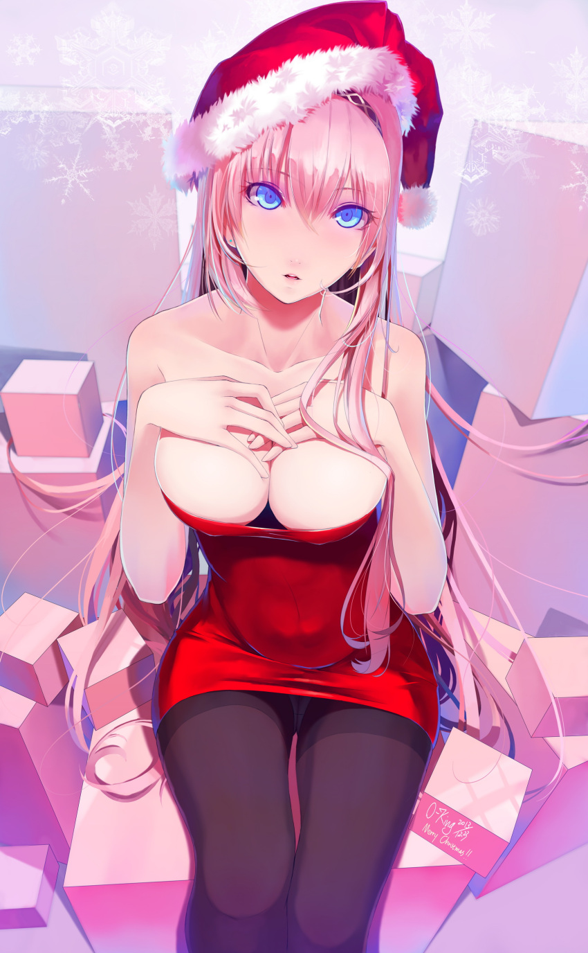 1girl absurdres black_legwear blue_eyes blush breasts cleavage dress hat highres long_hair looking_at_viewer megurine_luka okingjo open_mouth pantyhose pink_hair red_dress santa_hat solo vocaloid