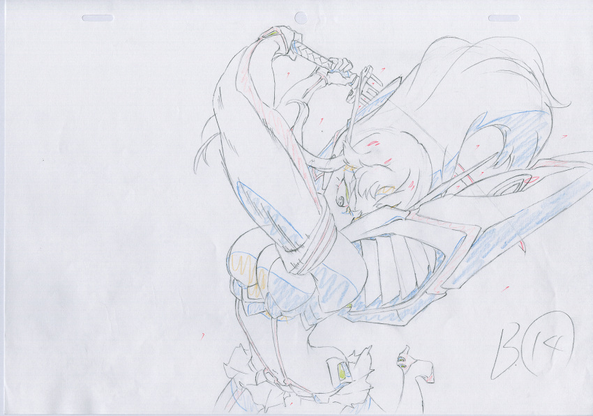 1girl angry armor armored_dress attack boots commentary dress hair_flapping highres junketsu katana key_frame kill_la_kill kiryuuin_satsuki long_hair looking_at_viewer official_art partially_colored production_art production_note promotional_art sailor_dress school_uniform serious simple_background sketch skirt sword thigh_boots thighhighs trigger_(company) uniform weapon white_background