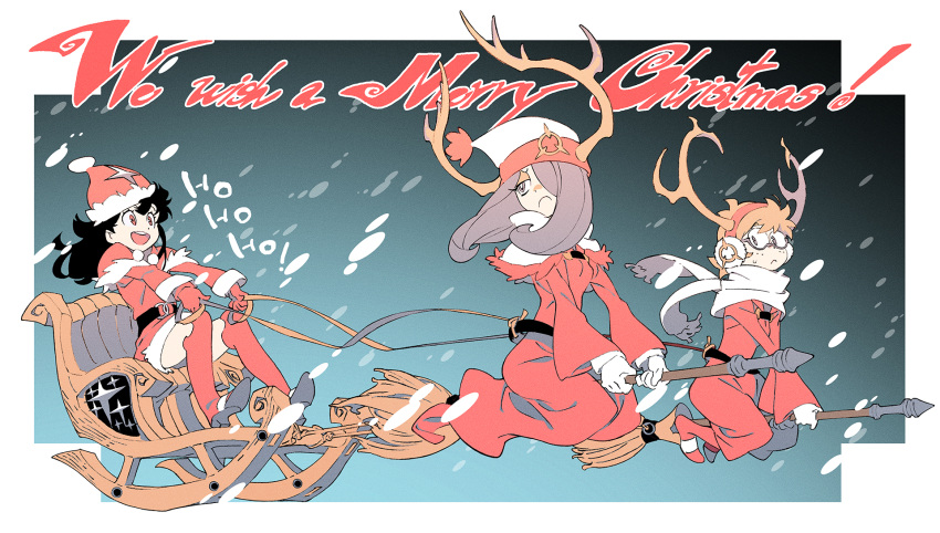 3girls akko_kagari broom broom_riding brown_hair christmas colored commentary earmuffs english glasses gloves hat highres little_witch_academia lotte_yanson multiple_girls official_art orange_hair pink_hair promotional_art reindeer_antlers santa_costume santa_hat scarf sleigh sucy_manbabalan trigger_(company) witch yoshinari_you
