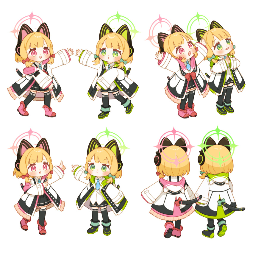 2girls animal_ear_headphones animal_ears black_footwear black_shorts black_skirt black_thighhighs blonde_hair blue_archive blue_necktie boots bow closed_mouth collared_shirt fake_animal_ears green_bow green_eyes green_halo hair_bow halo headphones highres jacket long_sleeves midori_(blue_archive) momoi_(blue_archive) multiple_girls multiple_views necktie ochamaru open_mouth parted_lips pink_footwear pink_halo pleated_skirt red_bow red_eyes shirt short_hair shorts siblings simple_background sisters skirt smile thigh-highs twins white_background white_jacket white_shirt
