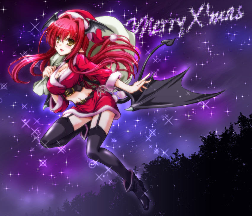1girl alternate_costume black_legwear blush boots breasts choker cleavage garter_straps hat head_wings high_heels koakuma large_breasts long_hair looking_at_viewer midriff navel pointy_ears redhead revision rough sack santa_costume santa_hat smile solo thighhighs touhou wings yamu_(reverse_noise) yellow_eyes