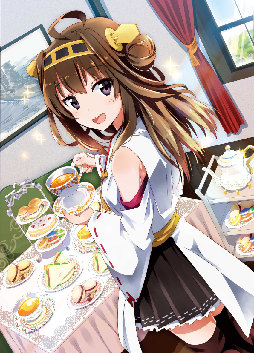 1girl absurdres ahoge ayuya_naka_no_hito bare_shoulders brown_hair cup detached_sleeves double_bun hair_ornament hairband highres japanese_clothes kantai_collection kongou_(kantai_collection) long_hair miko nontraditional_miko open_mouth pastry personification sandwich sparkle teacup teapot thighhighs violet_eyes window