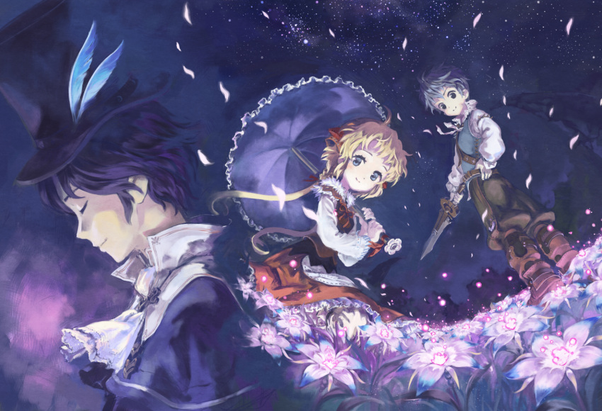 1girl 2boys allegretto blonde_hair blue_eyes boots capelet closed_eyes feathers field flower flower_field frederic_chopin grey_hair hat highres knee_boots long_hair multiple_boys pants polka smile susie_481 sword top_hat trusty_bell twintails umbrella weapon