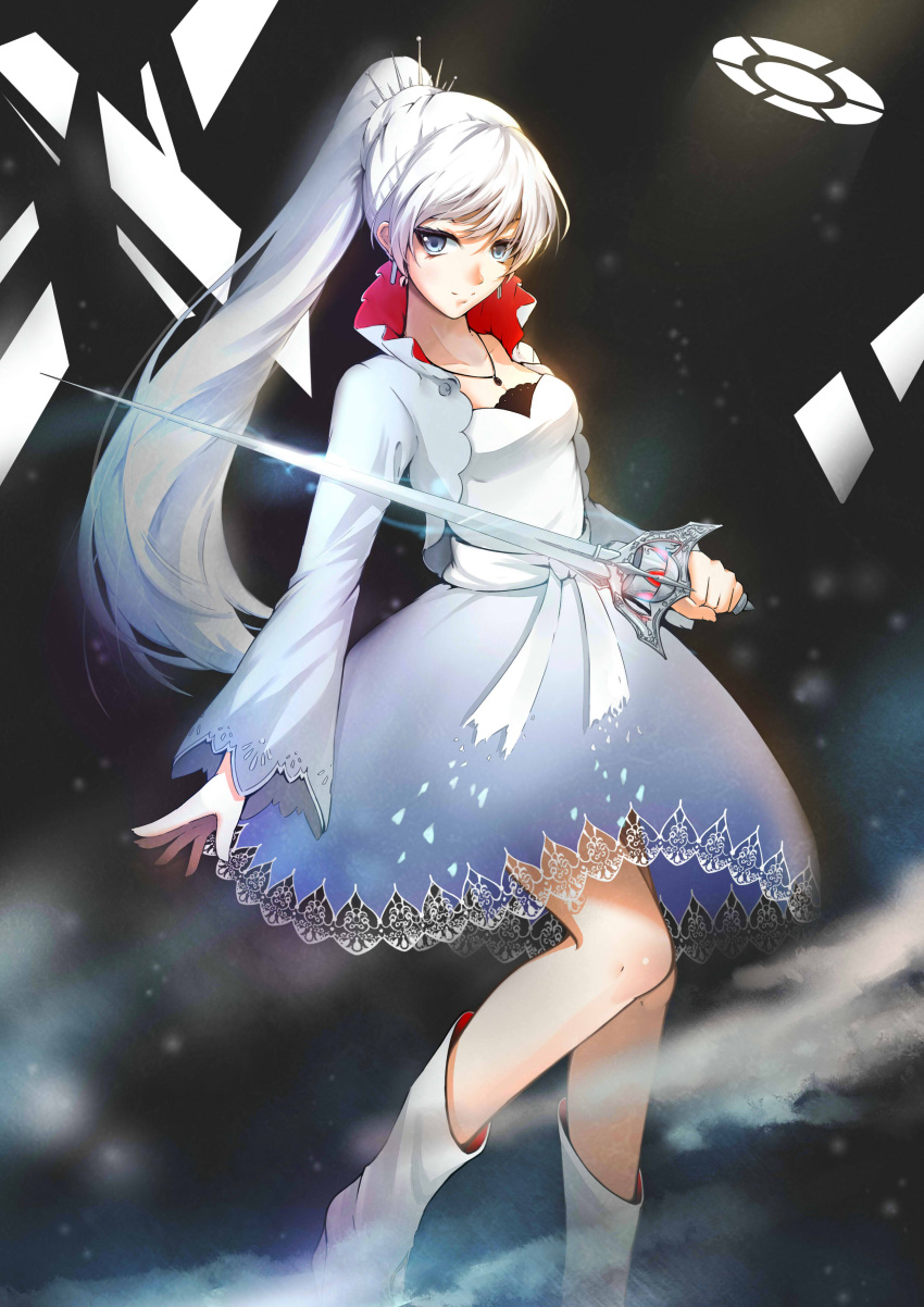1girl absurdres blue_eyes dress highres jewelry lancefate light_smile long_hair necklace ponytail rapier rwby solo sword weapon weiss_schnee white_hair