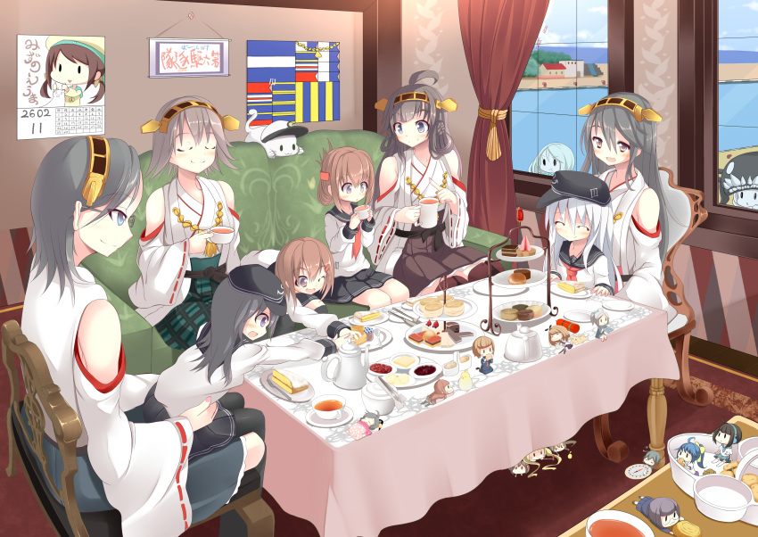 6+girls ^_^ absurdres ahoge akatsuki_(kantai_collection) bare_shoulders black_hair blue_eyes blush brown_eyes cake calendar cat chair character_request closed_eyes couch cup curtains eyebrows fan folding_fan food fork girl_holding_a_cat_(kantai_collection) glasses hair_ribbon hairband haruna_(kantai_collection) hat hiei_(kantai_collection) highleg highleg_panties highres ikazuchi_(kantai_collection) inazuma_(kantai_collection) kantai_collection kirishima_(kantai_collection) kongou_(kantai_collection) long_hair minigirl multiple_girls open_mouth panties pastry plate pout ribbon sitting sitting_on_person smile spoon sukage table teacup teapot underwear violet_eyes window wink wo-class_aircraft_carrier